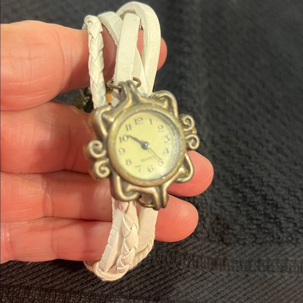 White Braided Strap Watch with Silver Accents